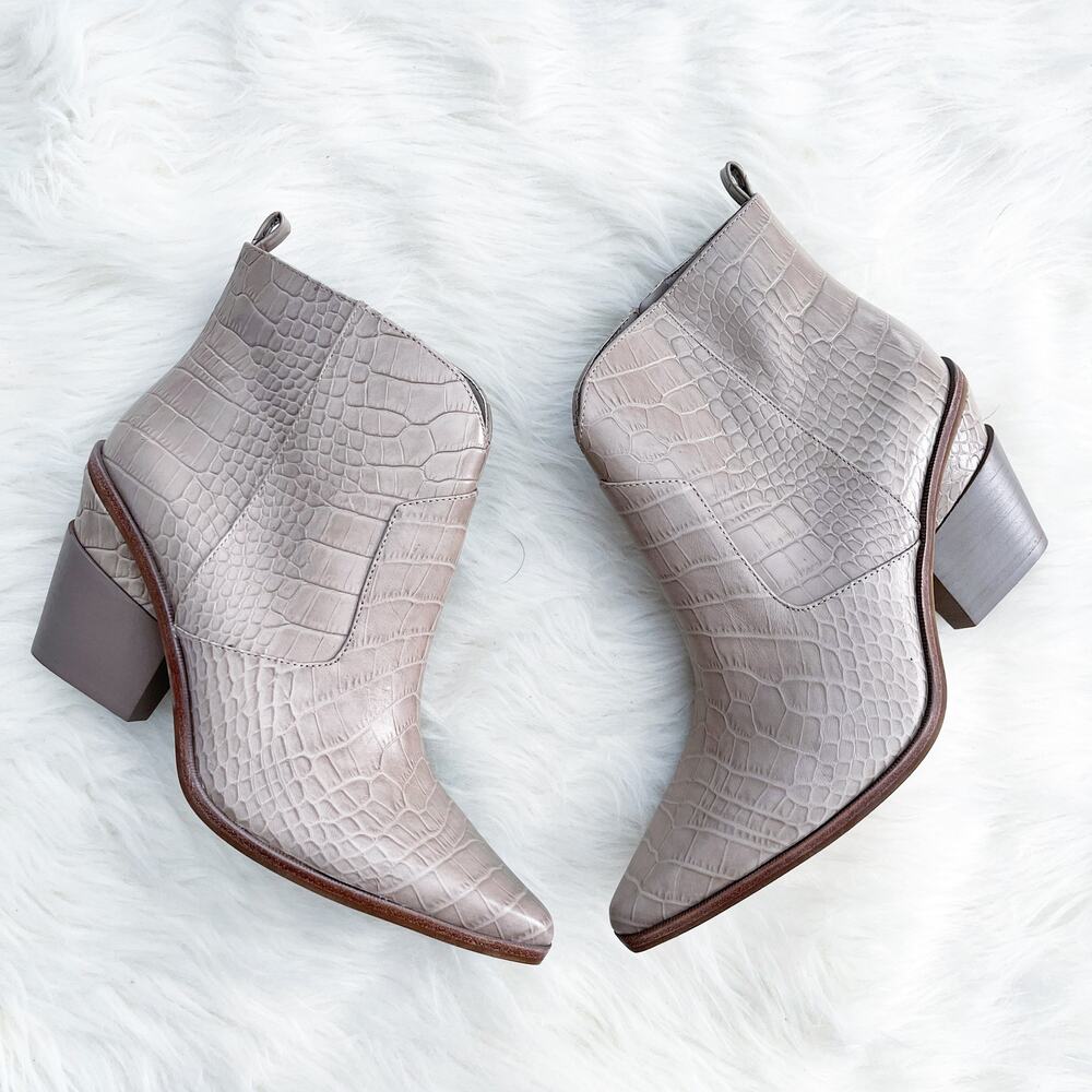 Gianni Bini Maelyie Croc Embossed Western Ankle Boots Dusty Taupe Indie Boho